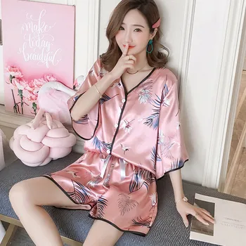 

2 Pieces suits Women's Summer casual silk satin buttons Pajamas Silk Sweet Loose Home Service Short Sleeves nightwears