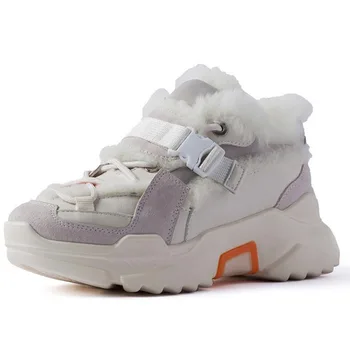 

2019 Shoes Winter Warm Platform Woman Snow Boots Plush Female Casual Sneakers Sheepskin Leather Female Warm Fur Shoes Size 35~42