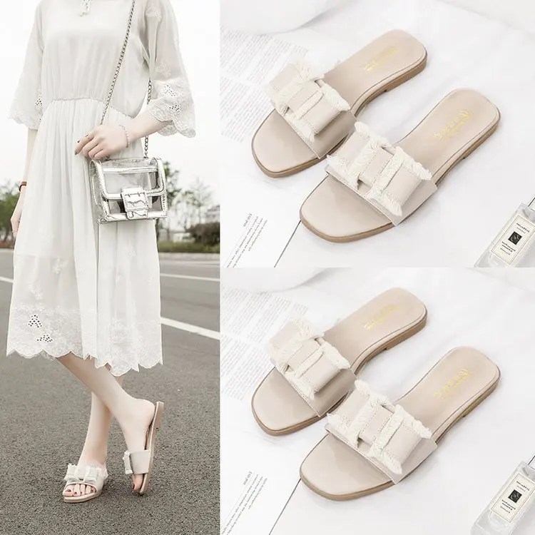 

2019 Spring Summer New Style Korean-style Beach Bow Flash Flat Heel Sandals Women's Outer Wear Sandals
