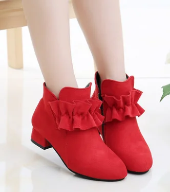 Children Kids Winter Boots Fashion Cute Flowers Flock Zippers Ankle Boots Low Heels Square Round Toe Warm Shoes pink red black
