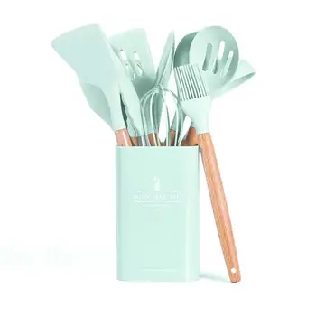

11 Pcs/Set Silicone Kitchenware Wooden Handle Cookware Set Non-stick Spatula Shovel Egg Beaters Soup Spoon Kitchen Utensils Suit