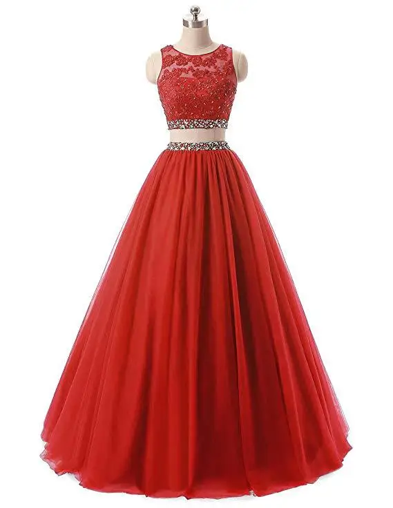Red Линия из двух частей аппликация бисером кристаллы Sequines совок шеи вечерние платья без рукавов Формальные платья длиной до пола - Цвет: Red