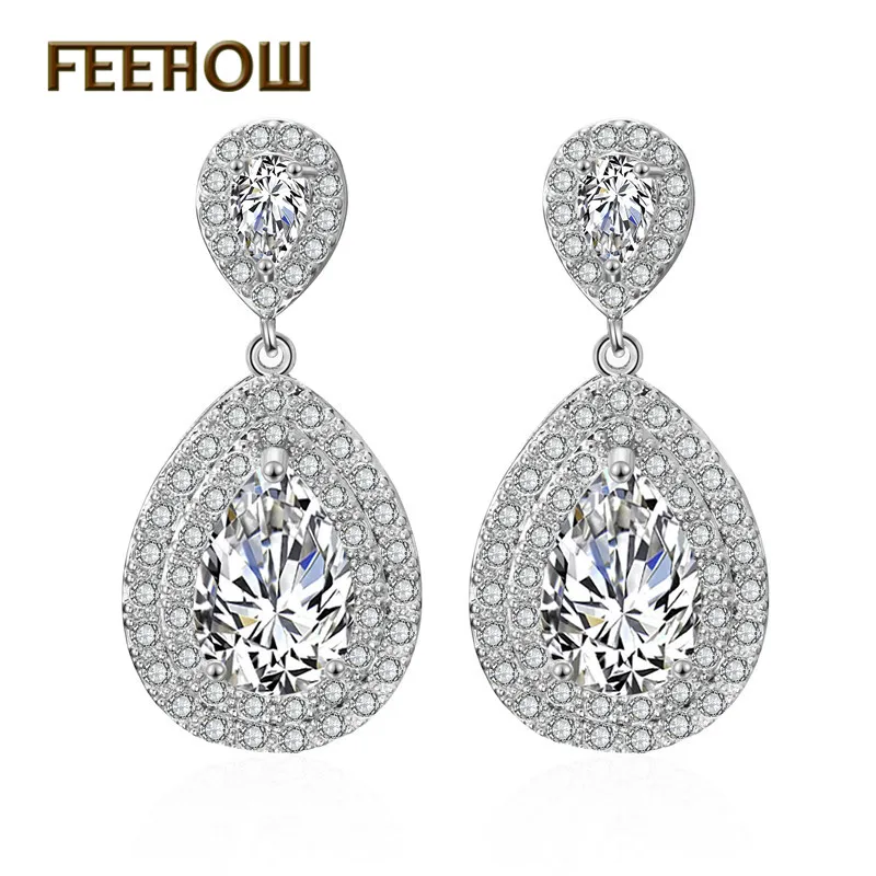 

FEEHOW AAA Cubic Zirconia Classic Big Drop Crystal Earrings Tiny CZ Luxury Bridal Wedding Earrings for Women Wholesale FWEP2156