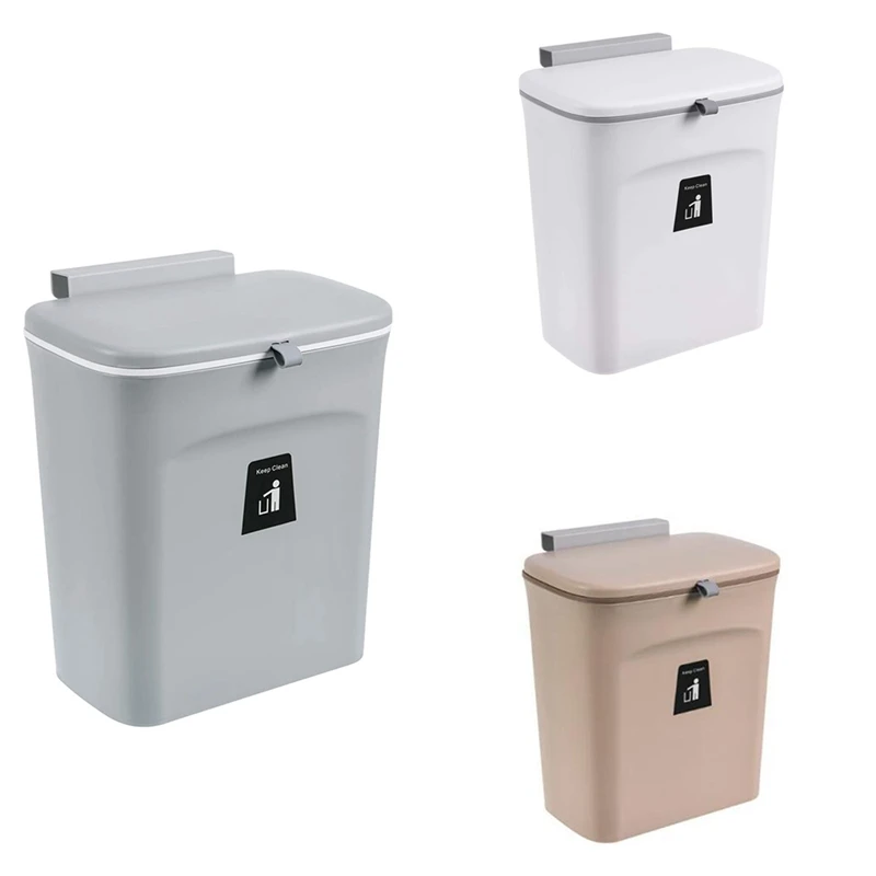 Under Sink Trash Can Small Plastic Garbage Can Kitchen Compost Bin Recycling Bins for Kitchen Mountable Indoor Compost Bucket 2.4 Gallon Hanging Trash Can with Lid White 