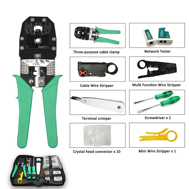 

Network Repair Tool Kit Screwdriver Wire Stripper RJ45 Connector LAN Network Cable Tester Wire Cutter Crimp Crimper Plug