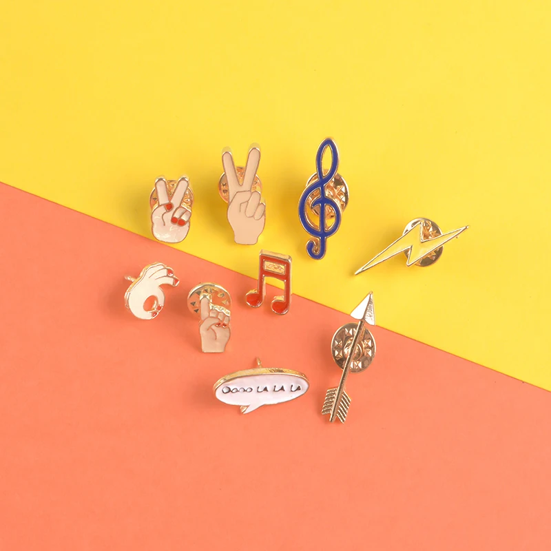 

Victory gesture enamel pin Music symbol Cute Chat box brooch lightning arrow Lapel pin badge Clothes bag jewelry gift wholesale