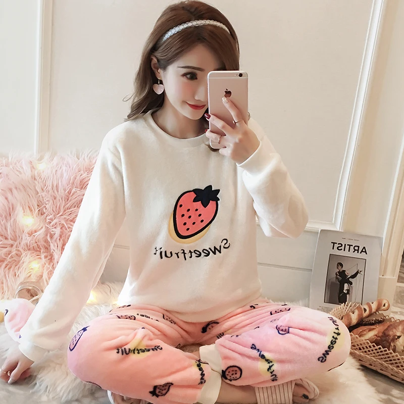 pajamas Женский Теплый фланелевый пижамный комплект, утепленная Пижама с цветочным принтом для девочек, пижама с длинными рукавами, костюм для сна, женская ночная рубашка, комплект - Цвет: pajamas