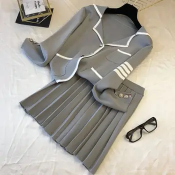 

2020 Preppy Style Cardigan Pleated Skirt Women 2pcs Suit Stylish Striped Single Breasted Jumper Skirt two peice set for women
