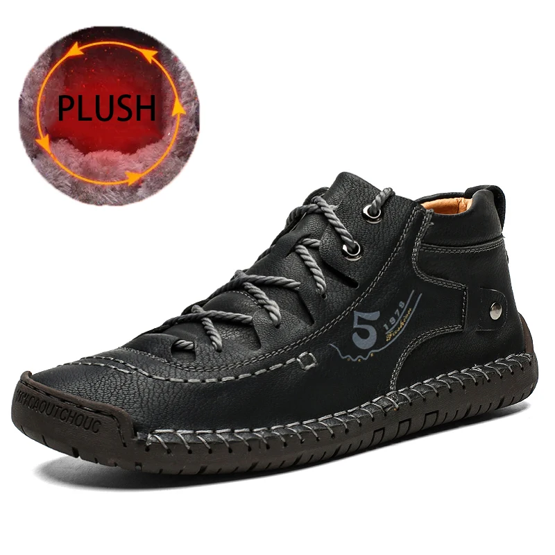 Мужские кожаные ботинки для пешего туризма зимние теплые ботинки на плоской подошве мужская обувь на шнуровке осенние мужские кроссовки зимние ботинки для пешего туризма размер 48 - Цвет: Plush Black