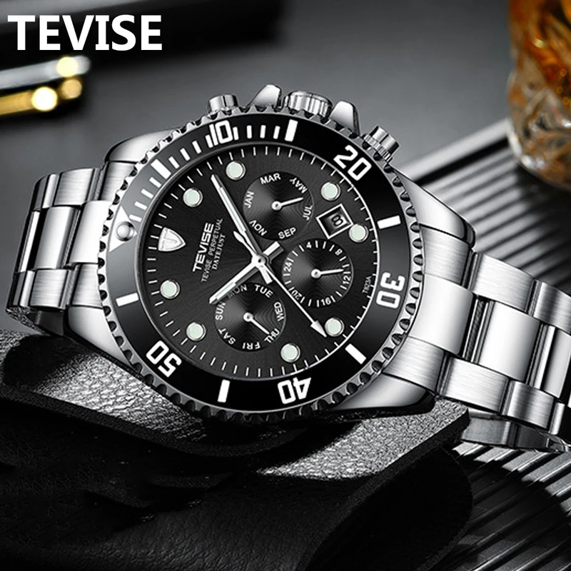 

TEVISE Fashion Automatic Mens Watches Stainless Steel Men Mechanical Mristwatch Date Week Display Male Clock with box