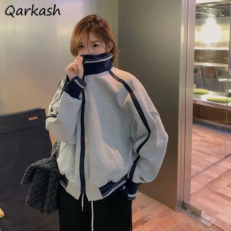 

Basic Jackets Women Patchwork Students Loose BF Style Teens Autumn Fashion Popular Zipper Stand Collar All-match Casual Cozy Ins
