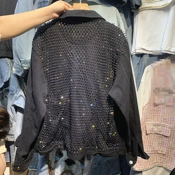 

2020 autumn new heavy work diamonds shiny denim jacket female loose long