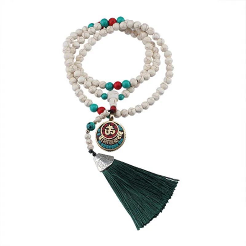 Best 2019 New Vintage Tibetan Pendant Necklace Ethnic Tassel Prayer White Pine Beads Necklace Boho Nepal Long Sweater Chain Women