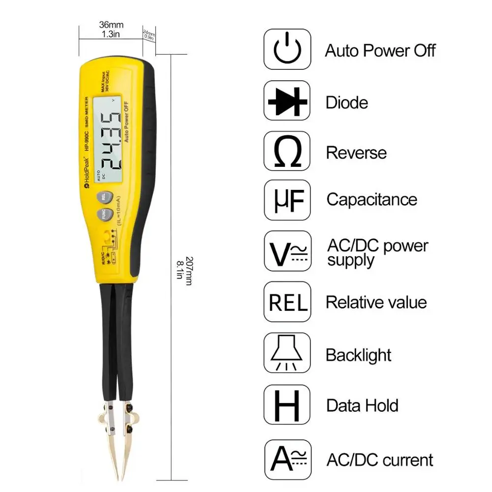 Digital SMD Tester Capacitance Meter Resistance Meter Diode/Battery Test with Carry Box Power Battery Tester HoldPeak HP-990C