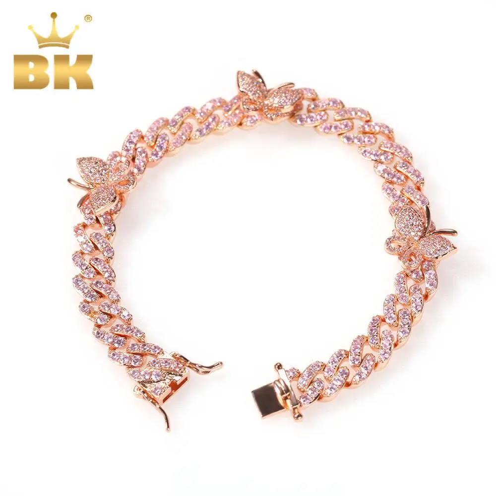 THE BLING KING Copper 9mm Shining CZ Cuban Link Butterfly Bracelet Rose Gold Unisex Punk Miami 9inch Chain Mixed Color 2020
