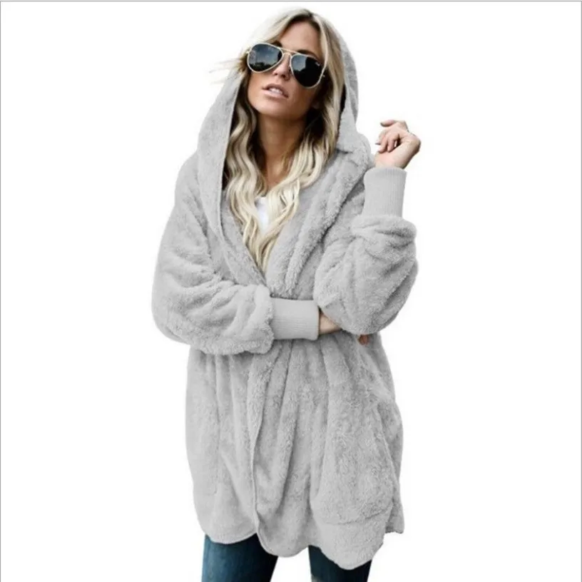 Large size 5XL Faux Fur Teddy Bear Coat Jacket Women Fashion Open Stitch Winter Hooded Coat Female Long Sleeve Fuzzy Jacket