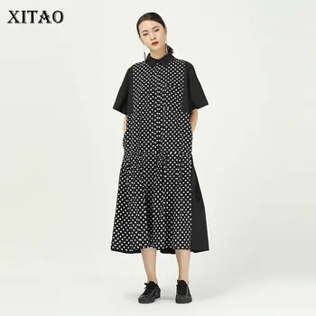 

XITAO Pleated Vintage Pot Dress Fashion New Women 2020 Spring Pocket Single Breast Patchwork Plus Size Loose Dress DMY3975