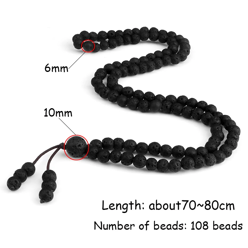 6mm Black Natural Lava Stone Bracelet Meditation Prayer Yoga 108 Mala Beads Necklace for Women Men Charm Bracelets Jewelry Gift