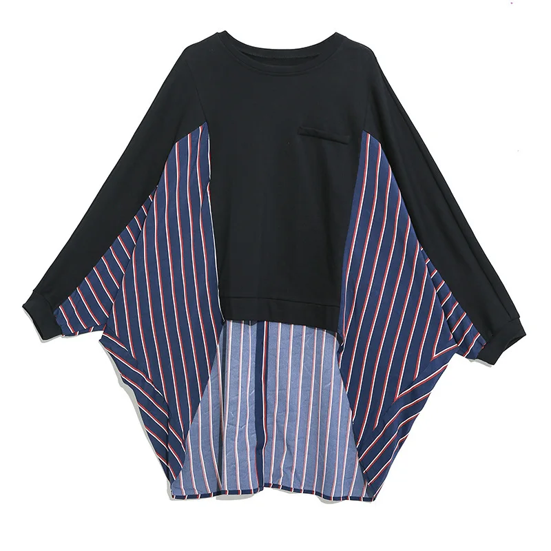 [EAM] Женская свободная футболка в полоску, новая модная футболка с круглым вырезом и длинным рукавом летучая мышь, весна-осень 1A833 - Цвет: black