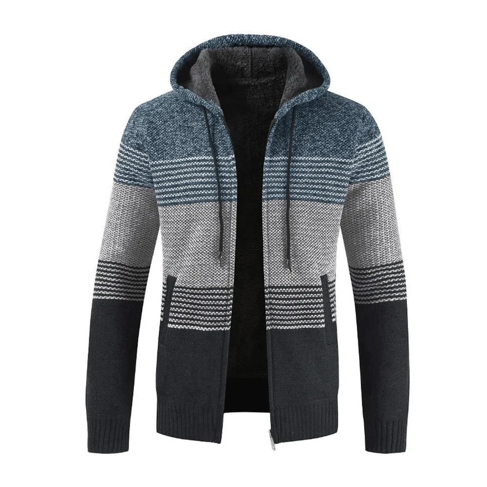 TELOTUNY Winter Men's Cardigan Fashion Striped Zipper Hooded Outwear ...