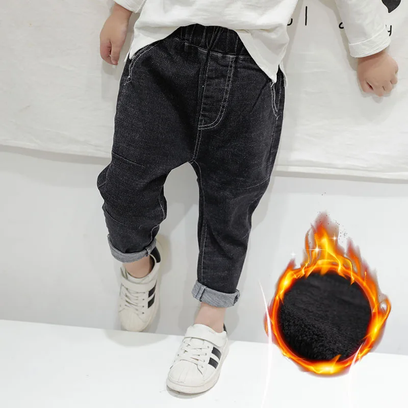

Autumn & Winter New Style Crawler Children Jeans Baby Can Open Files plus Velvet Elasticity Loose-Fit Trousers