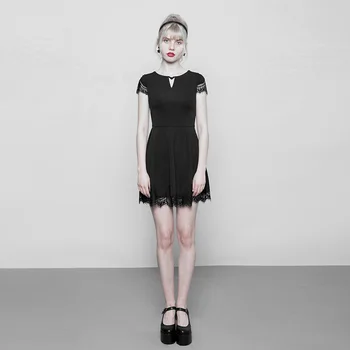 

PUNK RAVE Women's Goth Lace Stitching V-collar Dress Hollow Out Party Club Stage Performance Mini Dress