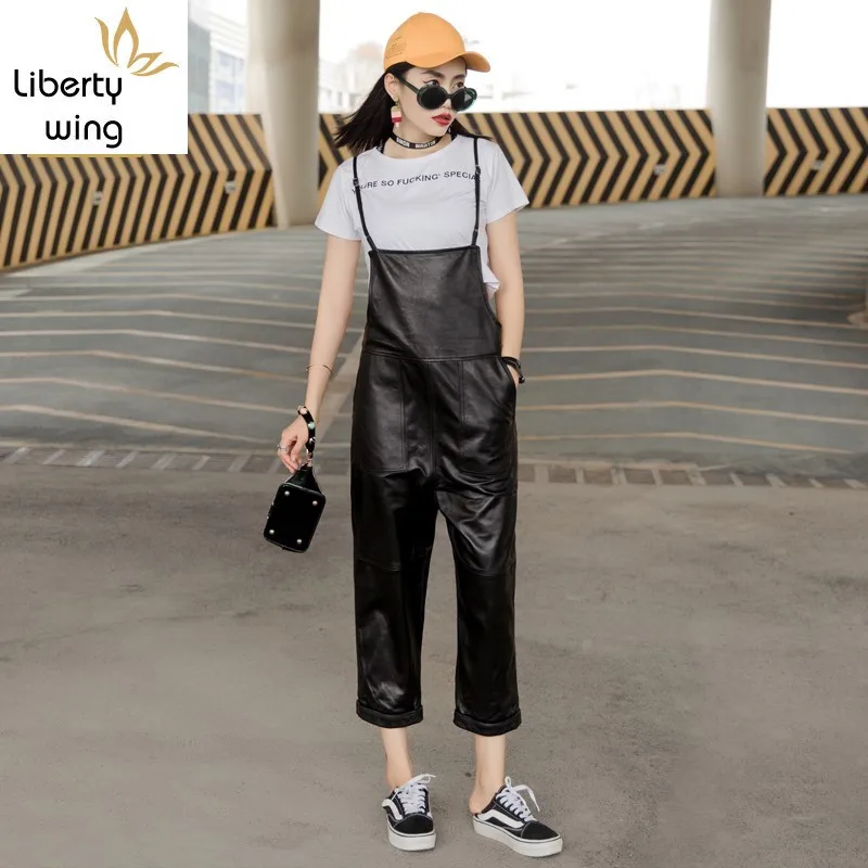 

2020 New Winter Ladies Genuine Leather Jumpsuits Fashion Solid Sheepskin Jumpsuit Streetwear Casual Female Suspender Pants S-3XL