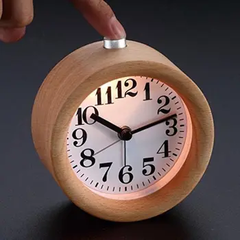 

Handmade Classic Small Round Wood Silent Desk Alarm Clock With Desk Lamp for Home Silent Wood No Ticking despertador