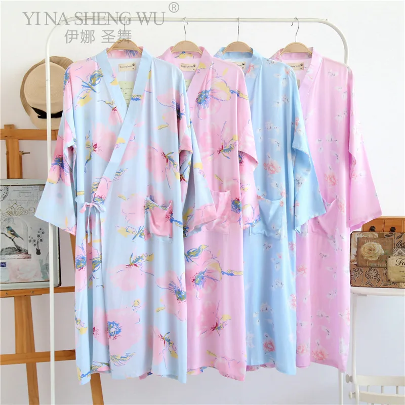 

Wholesale spring and summer Japanese rayon women's home robe thin kimono long size cotton silk nightgown pajamas bathrobe