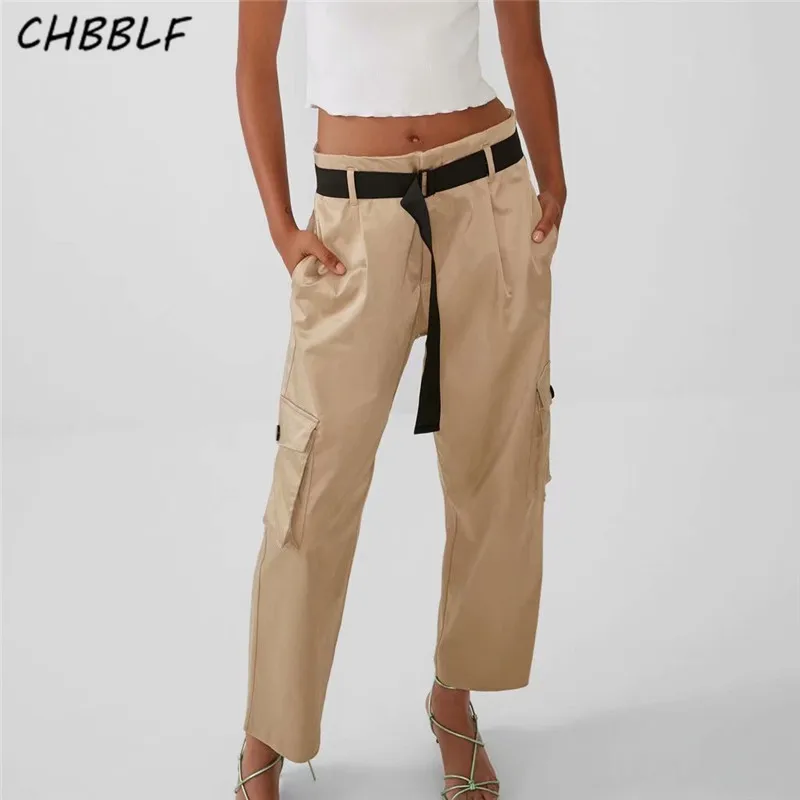 

CHBBLF women vintage khaki pants pockets belt decorate female casual full length chic trousers mujer WEW6128