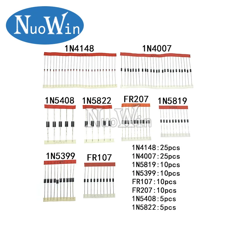 Набор диодов Schottky для быстрого переключения 1N4148 1N4007 1N5819 1N5399 1N5408 1N5822 FR107 FR207 8