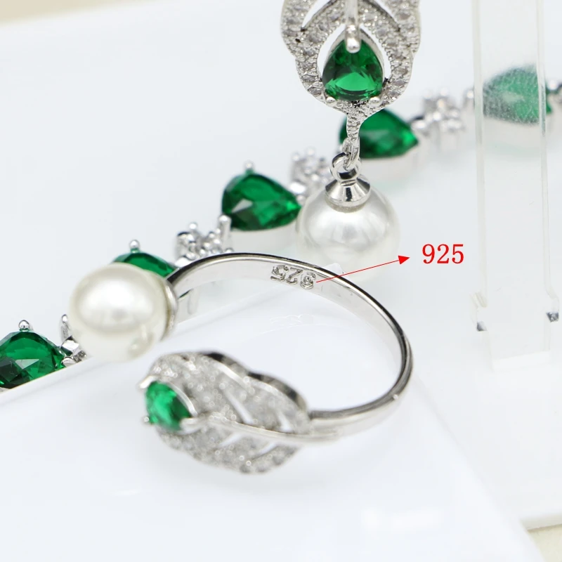 925 Silver Jewelry Sets Natural Green Cubic Zirconia White Pearl For Women Drop Earrings/Ring/Pendant/Necklace Set