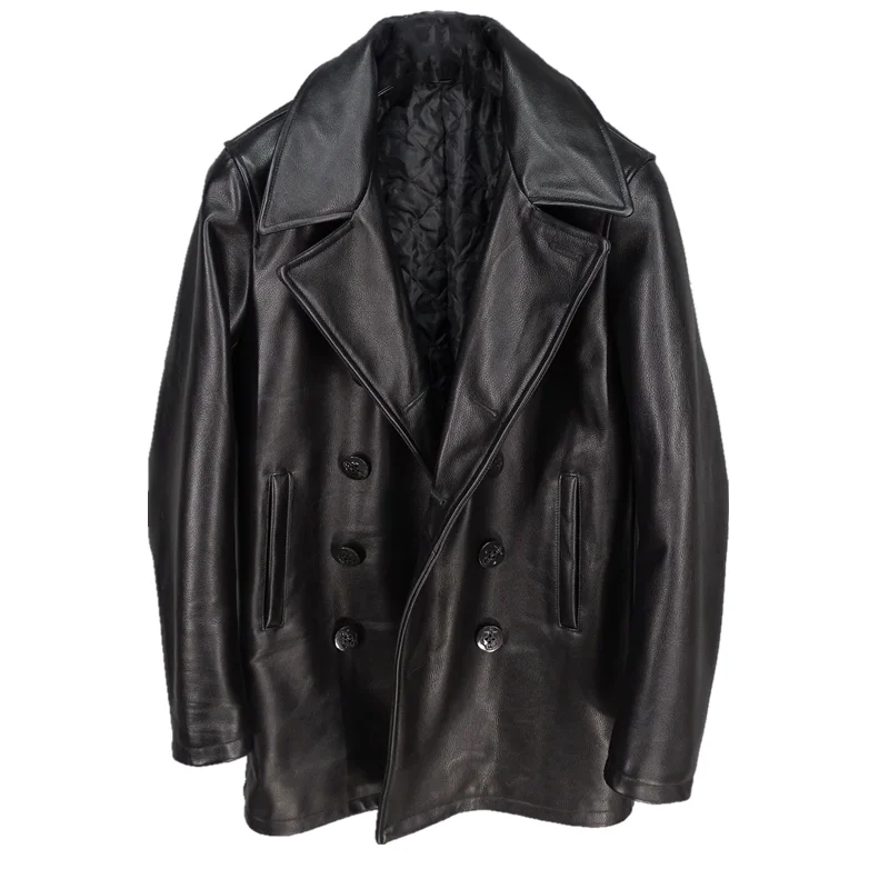

2020 Black Men Long Casual Leather Jacket Double Breasted Plus Size XXXXL Genuine Cowhide Russian Winter Thick Leather Coat