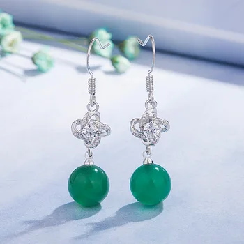 

Vintage Ethnic 10mm Natural Agate Earrings For Women Lady 925 Sterling Silver Gemstone Drop Earrings Party Jewelry bijoux femme
