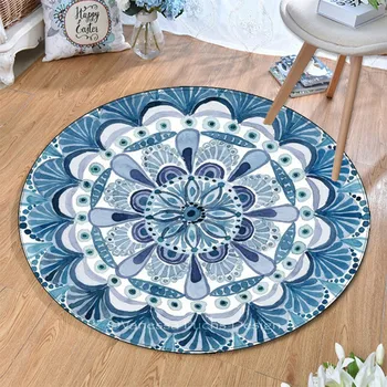 

ZOOTOP BEAR White Blue Flowers Round Carpet Bohemian Children's Room Feathers Carpet 60cm Tapete For Bed Room Mat Round 80CM