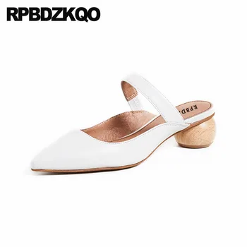 

size 4 34 high heels genuine leather medium mary jane brand designer shoes women pointed toe chunky ladies mules slipper pumps