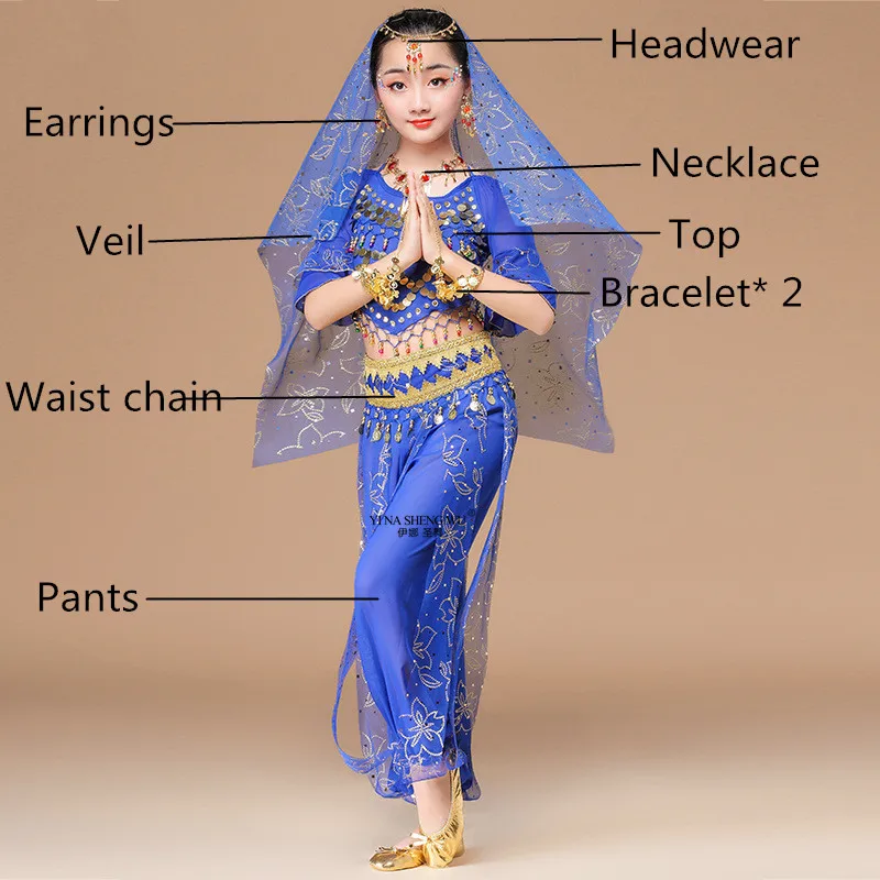 Royal blue 8pcs Новая индийская одежда Болливуда, 5 шт. цыганские костюмы, Детский комплект для танца живота, индийская Детская Одежда для танцев головной убор, топ с вуалью, пояс, штаны - Цвет: Royal blue 8pcs
