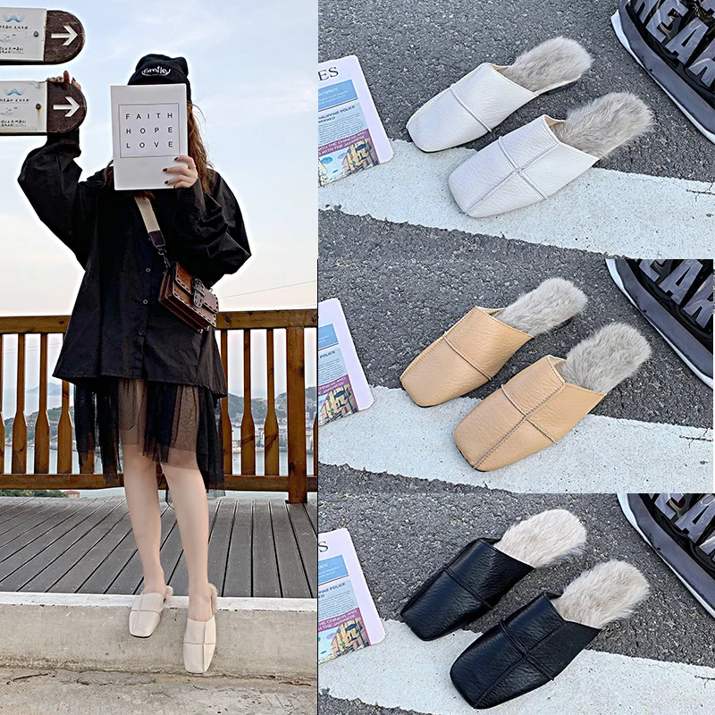 

Rivet Shoes Flock Ladies' Slippers Low Luxury Slides Soft Flat Designer Metal Decoration Rubber Short Plush Fashion with