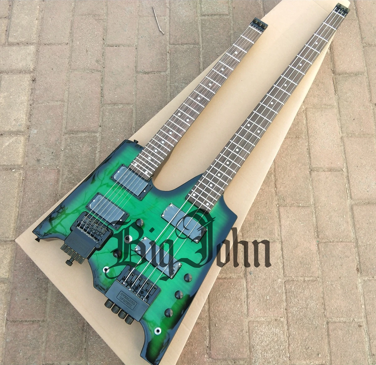 Большой Джон двойной шеи Безголовый электрогитары, 6 строк Гитары верх и 4 струны для электрической бас-гитары ниже в зеленом цвете BJ-237