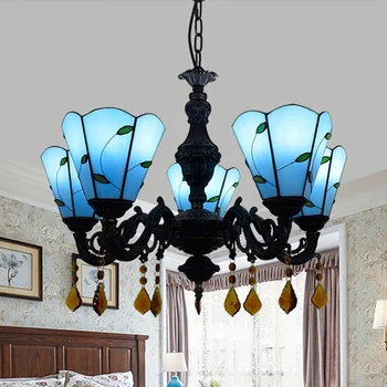 

Modern Mediterranean Blue leaf crystal pendent lamp Stained Glass Restaurant Bedroom Bar Foyer Corridor five heads Chandelier