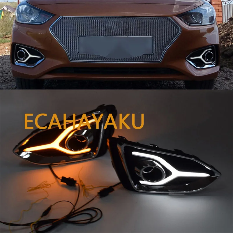 ECAHAYKU LED Daytime Running Lights Daylight with yellow turn signal light fog lamp For Hyundai Accent Solaris 2017 2018 2019 | Автомобили