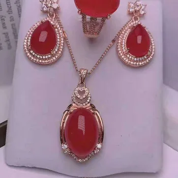 

Ice jade S925 Silver Pendant women's clavicle chain jade ring earrings three piece set