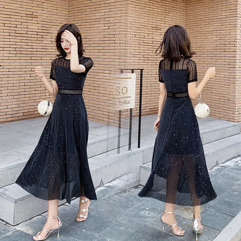 

Lace Chiffon Dress Women's 2019 New Style Summer Fairy Immortal Long Skirts over-the-Knee Waist Hugging Slimming Elegant Skirt