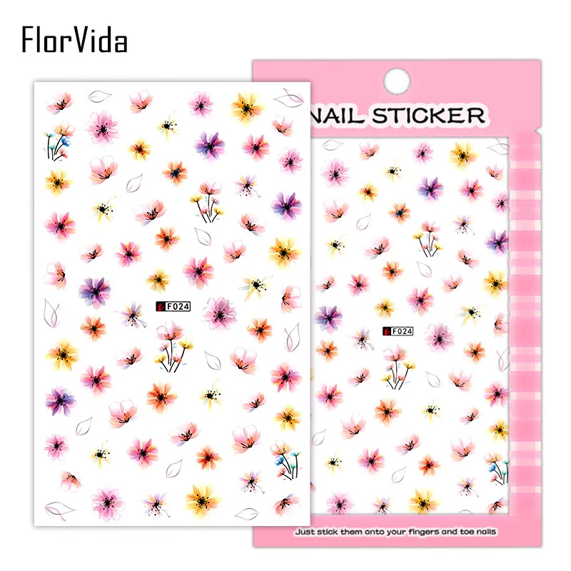 FlorVida F024 наклейки для дизайна ногтей цветы наклейки клей красочные черные белые для детей накладные ногти маникюр серии F - Цвет: F024