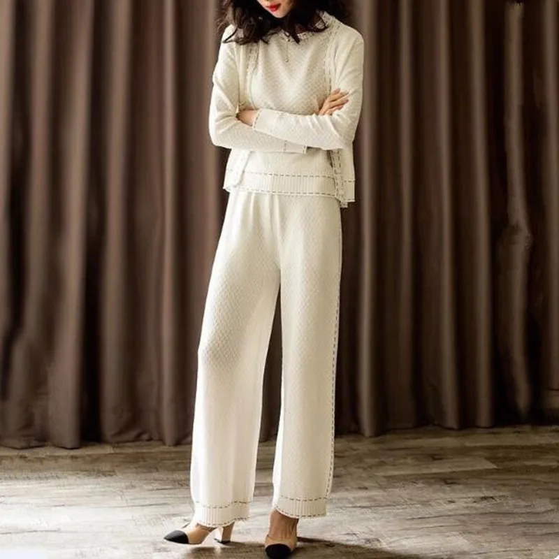 

2020 New Arrival Autumn Winter Knittes 3 Three Piece Set Women Jacket Tops and Wide Leg Pants Fashion Luxury Designer Clothing