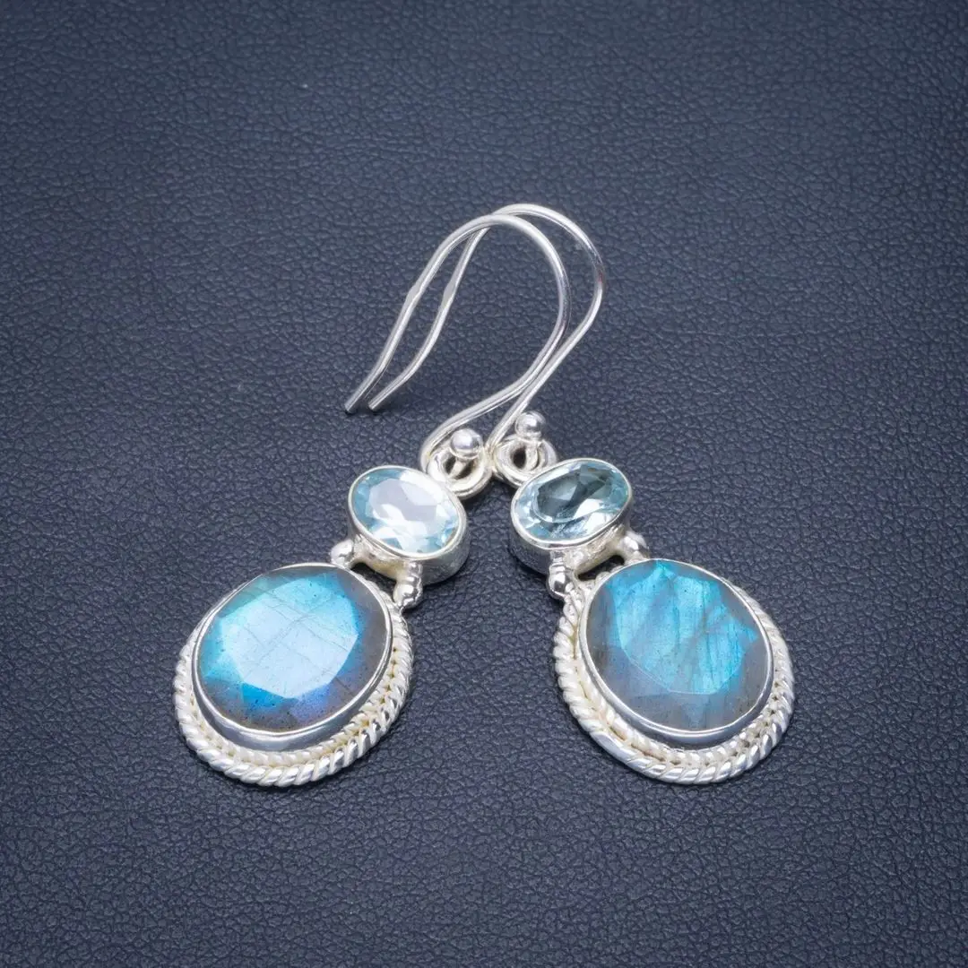 

Natural Blue Fire Labradorite and Blue Topaz Handmade Unique 925 Sterling Silver Earrings 1.75" B2228
