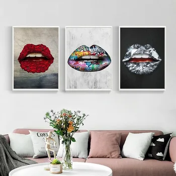 

Creative Color Printing Mouths Canvas Painting Sexy Red Lips Flower Poster Home Decoration Wall Art Pictures For Living Room