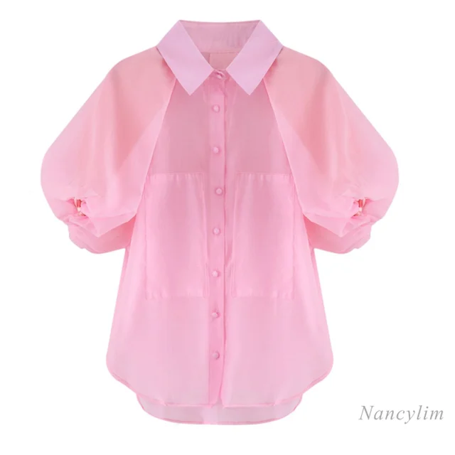 $US $26.48 Short Puff Sleeve Pink Shirt Women 2021 Summer Chiffon Blouse Girls Ladies All-Match Basic Tops Blusas Mujer De Moda