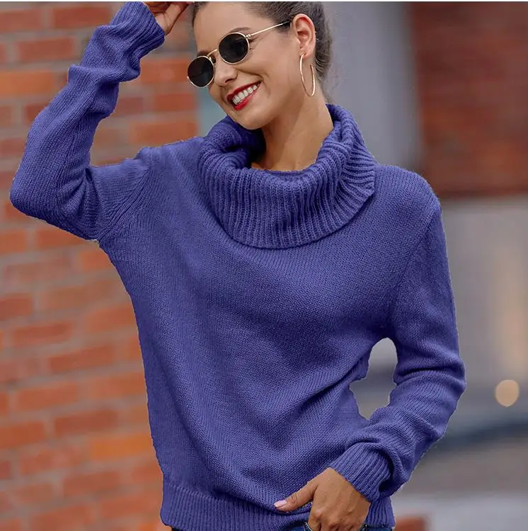 Свитер женский модный однотонный пуловер с длинными рукавами и высоким воротником вязаный свитер - Цвет: style5