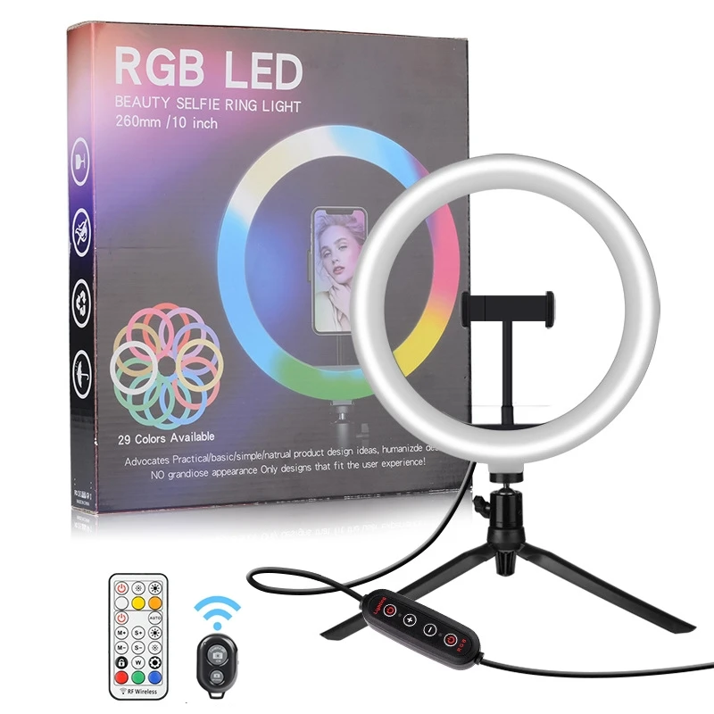 Photography LED Selfie RGB Ring Light 26cm With tripod Stepless Lighting Dimmable With Cradle Head For Makeup Video Live Studio